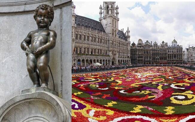 A famosa estátua de Bruxelas, na Bélgica, e a praça central da cidade, Grand-Place.