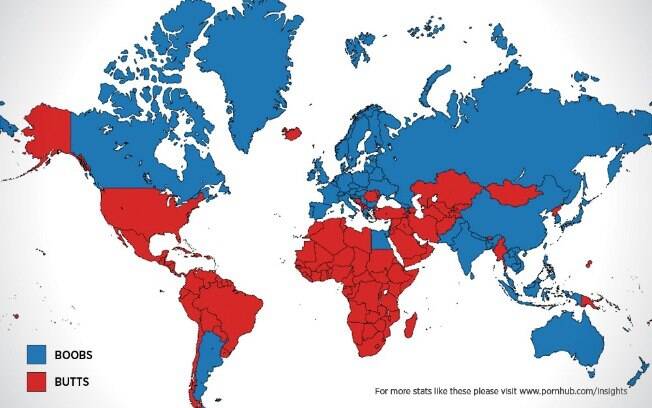 Os países em vermelho, como o Brasil, apontam o bumbum como objeto de desejo máximo. Já os em azul, são admiradores dos seios