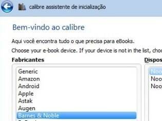 Tela inicial do Calibre mostra leitores compatíveis