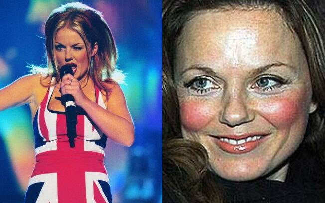 A ex-Spice Geri Halliweell errou feio na hora de passar o blush. A cantora ficou literalmente com duas maçãs no rosto