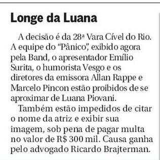 Luana Piovani publica resultado da decisão da justiça contra o programa 'Pânico'