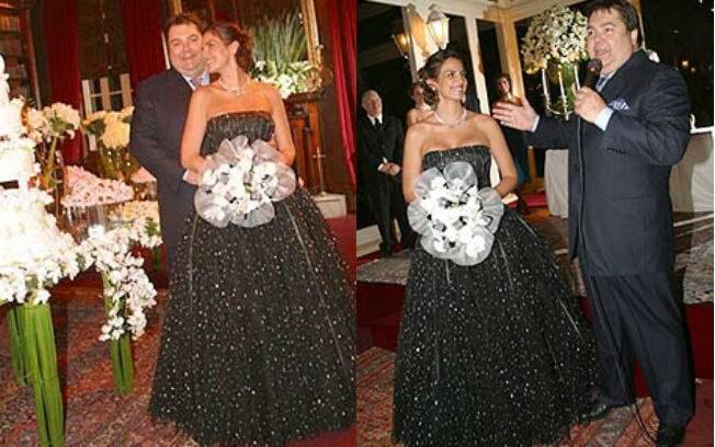 Luciana Cardoso optou por um vestido preto bordado com pedrarias da grife Escada para se casar com Fausto Silva, em novembro de 2002