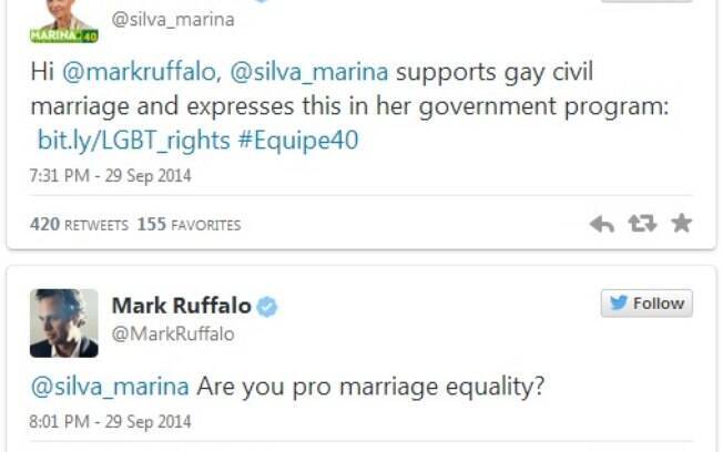 A equipe de Marina envia uma mensagem via Twitter para o ator, afirmando que ela apoia o casamento civil. Ele responde: Você é a favor do casamento igualitário?