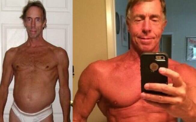 Doug Graham em 2005 e, muita fisicultura depois, em selfie do dia 27 de julho passado