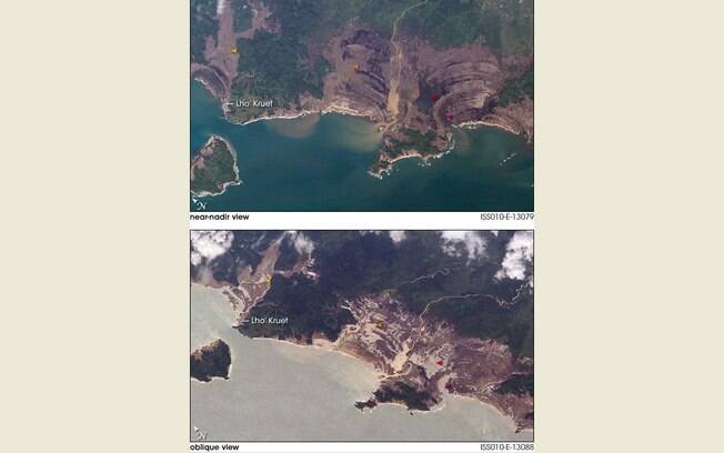 Imagens feitas por satélites, mostram regiões da Indonésia antes e depois do Tsunami de 2004. Foto: Nasa