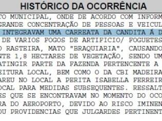 Boletim de Ocorrência da Polícia Militar confirma que fogos de artifício da carreata de Brunny Gomes atingiram a vegetação