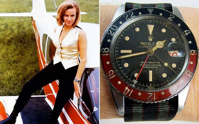 Pussy Galore (Honor Blackman) e, no detalhe, o Rolex GMT Master com pulseira de náilon