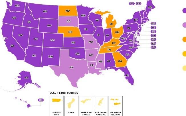 Mapa atual da situação do casamento nos EUA: os Estados roxos aceitam completamente, os lilases estão em processo de permitir, os laranjas proíbem