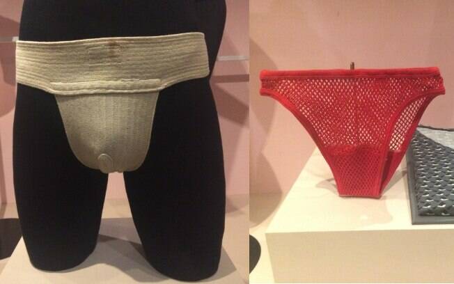 Suporte atlético, para a prática de esportes, e cueca vermelha dos anos 1960