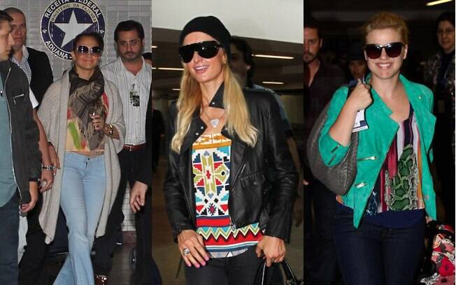 Jennifer Lopez, Paris Hilton e Kelly Clarkson no momento em que desembarcaram no Brasil nesta sexta-feira (22)