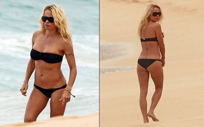 Aos 44 anos, Pamela Anderson exibiu boa forma no Havaí