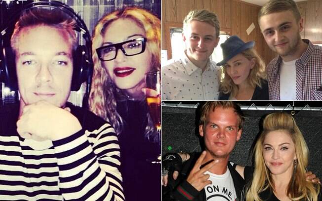 Em sentido horário: Madonna ao lado do produtor americano Diplo; com os britânicos Guy e Howard Lawrence, que formam a dupla Disclosure; e com o produtor e DJ sueco Avici