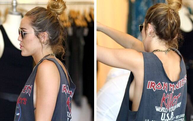 Miley de camiseta cavada e sem sutiã: será que ela percebeu que algo mais estava aparecendo?