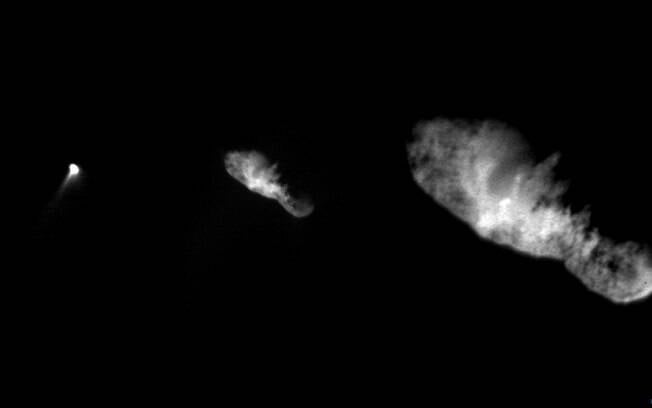A imagem, feita de uma distância de mais de 3 mil km, mostrou parte do terreno do cometa e foi a foto mais clara já tirada de um cometa até aquela época. Foto: NASA/JPL