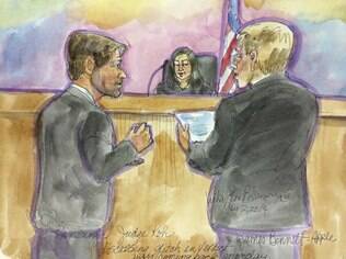 Um desenho do tribunal mostra os advogados de Samsung e da Apple discutindo o veredicto com a juíza Lucy Koh