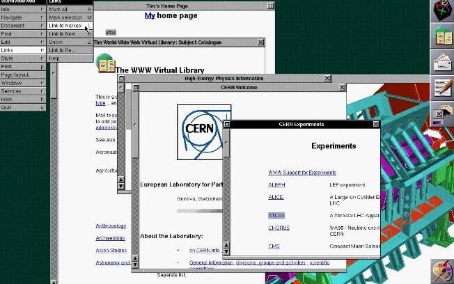 Imagem mostra navegador do NeXT de Tim Berners Lee em 1993: site do Cern e site pessoal do pesquisador foram pioneiros da web