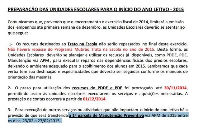 Circular de uma das Direções de Ensino da zona leste avisa que escolas não receberão repasse do programa Trato na Escola