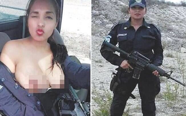 No México, a policial Nidia García posou com os seios à mostra  e segurando um fuzil