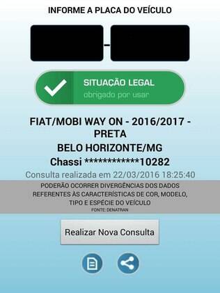 Os dados do Fiat Mobi Way pelo Sinesp,, na imagem enviada pelo leitor Patrick Lemos