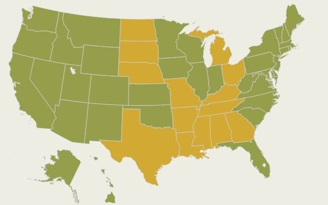Mapa do casamento gay nos EUA: estados em amarelo já legalizaram ou estão em vias de legalizar, nos amarelos emendas constitucionais proíbem o direito