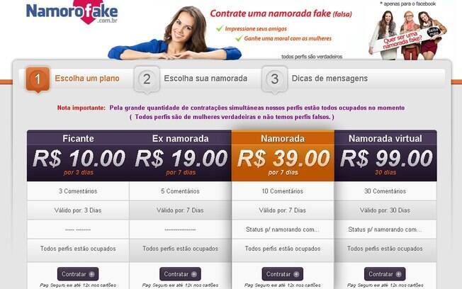 Na página do Namorofake, os visitantes são avisados de que não há mais perfis disponíveis de mulheres para serem alugados