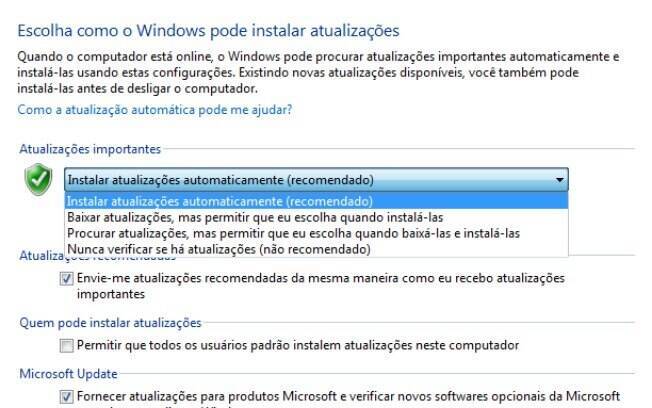 Na página de configurações do Windows Update, selecione a opção que não instala automaticamente as atualizações do Windows
