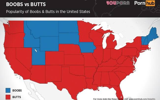Realizada por um site erótico, pesquisa revelou que 40 dos 50 estados americanos, representados em vermelho, preferem o bumbum como objeto de desejo. Os em azul escolhem os seios