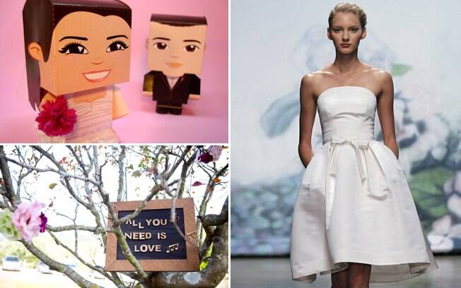 Noivinhos no estilo toy art, flores de papel e vestido curto: casamento moderno