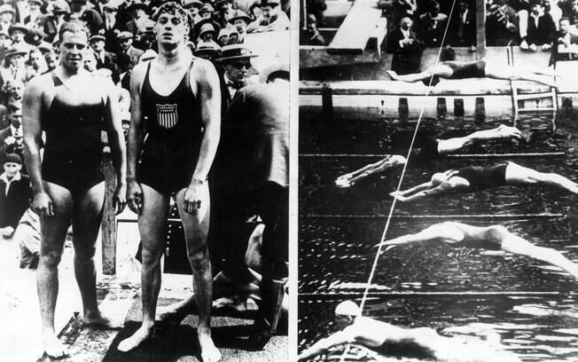 Johnny Weissmuller (o mais alto da foto) ao lado do australiano Andrew Charlton na prova dos 400m livre