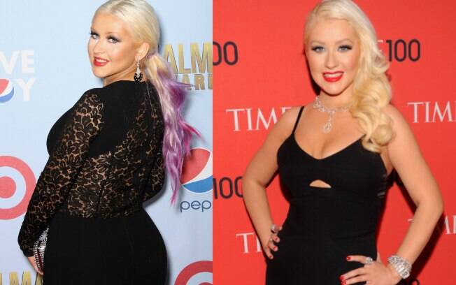 Christina Aguilera escolheu um vestido preto colado ao corpo que mostrou a silhueta mais enxuta