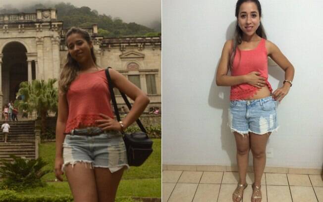 Natália antes da dieta e com a mesma roupa depois dos 22 dias. Shorts já estava bem mais largo