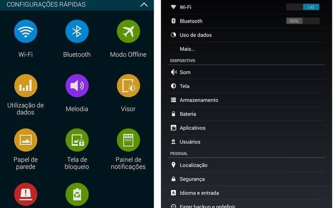 Comparação das telas de configuração da Samsung (esq.) e Android