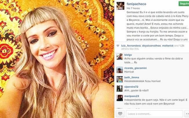 Fani Pacheco adotou a franjinha curta como de Beyoncé, mas não agradou. Foto: Reprodução/Instagram