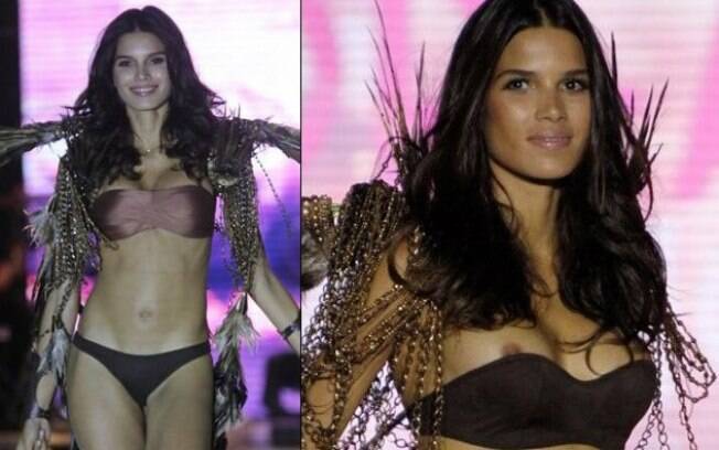 A top model brasileira Raica Oliveira estava na passarela quando o biquíni desceu e mostrou seus seios