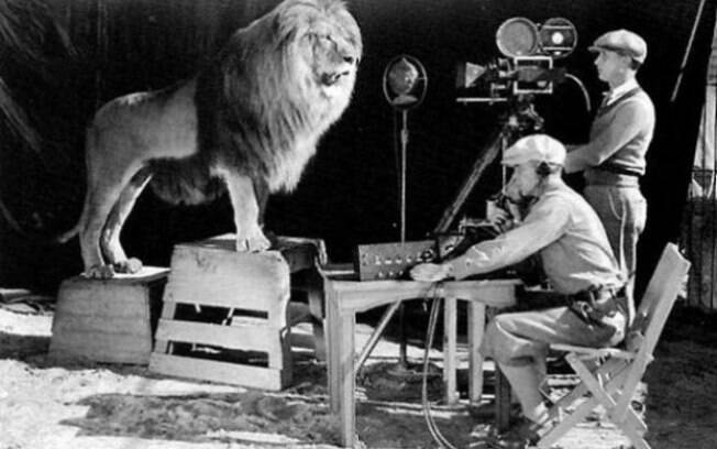Momento de filmagem do leão rugindo símbolo da rede MGM