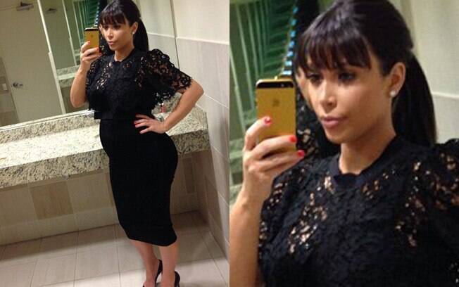 Kim Kardashian posa no banheiro e mostra barrigão de cinco meses de gravidez