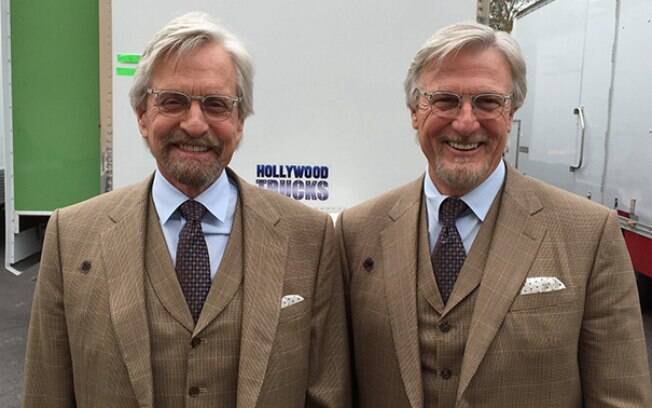 Michael Douglas e seu dublê Mike Runyard que trabalha com ele em diversos filmes, nas gravações de Homem Formiga