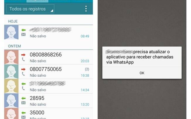 Ligações feitas pelo WhatsApp não aparecem na lista de últimas chamadas, comprovando que foi via rede de dados. Usuários de iOS não recebem ligações convite