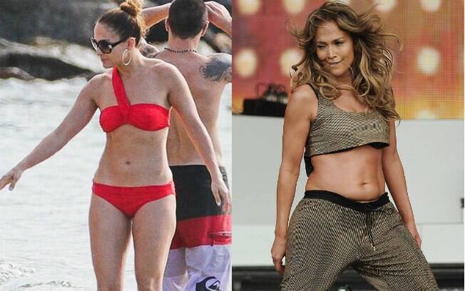 Efeito sanfona: em 2012, J. Lo exibia barriga sarada na praia, diferente do abdômen mostrado em julho de 2013