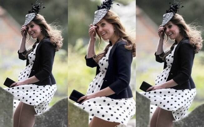 Kate Middleton traída pelo vento em um casamento de amigos no último sábado (11)