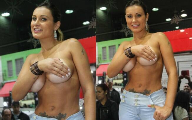 Andressa Urach faz topless em vitrine de loja em São Paulo