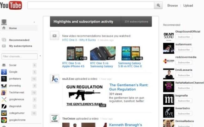 Nova página inicial do YouTube, ainda em fase de testes