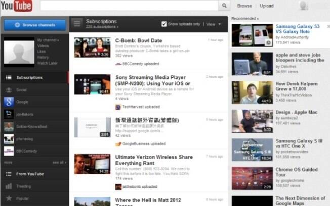 Imagem da página inicial atual do YouTube, serviço de compartilhamento de vídeos do Google