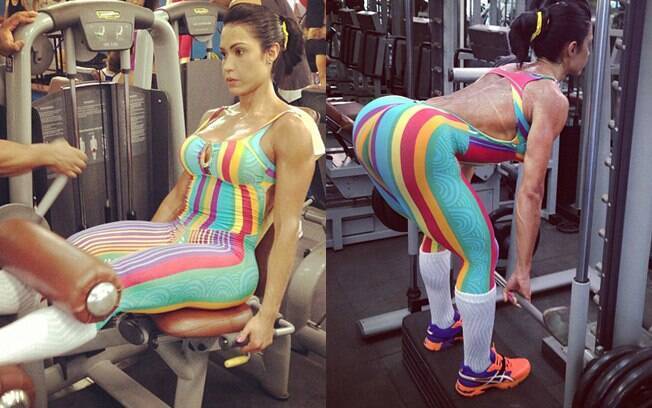 Gracyanne Barbosa mostrou no Instagram sua roupa justa, listrada e bem colorida para malhar