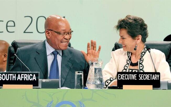 O presidente da África do Sul, Jacob Zuma, e Secretária executiva da cúpula, Christiana Figueres, durante abertura da COP-17