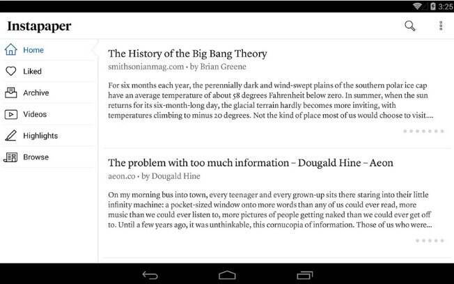 Instapaper guarda páginas web para leitura no celular. Para Android e iPhone/iPad