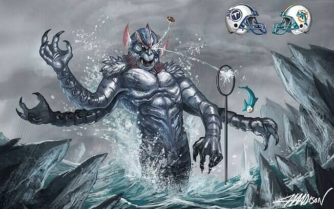 Ilustração de Madison para a partida entre Titans (titãs) e Dolphins (golfinhos)