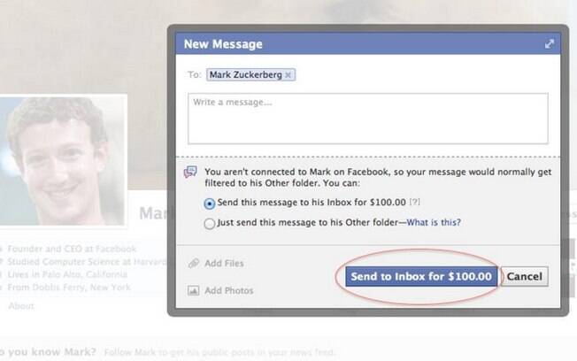 Repórter do site Mashable descobriu exigência de pagamento de US$ 100 para entregar mensagem a Zuckerberg