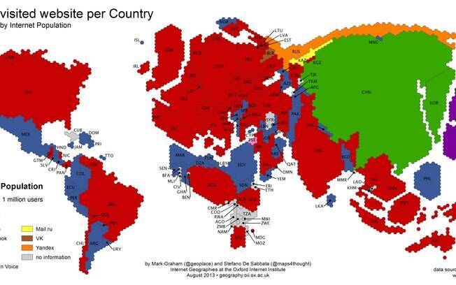 Tamanho dos países é alterado conforme o número de usuários de cada site