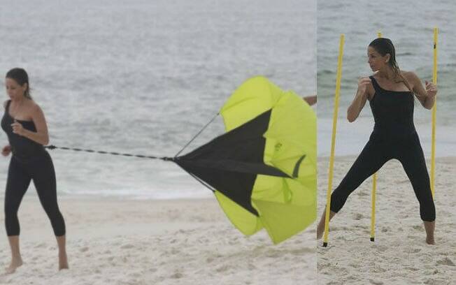 Além do paraquedas, Danielle Winits também usa as barras para o zig-zag